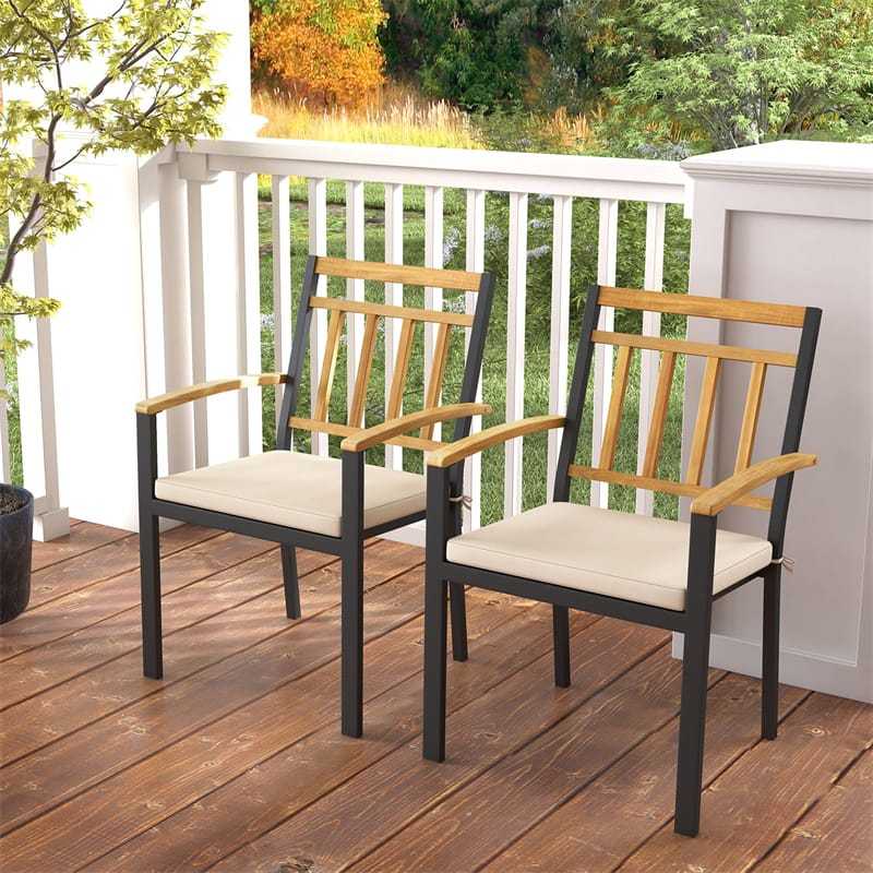 Patio Dining Chairs Metal Outdoor Chairs with Removable Padded Cushions, Acacia Wood Backrests & Armrests, 400lbs Capacity Bistro Chairs