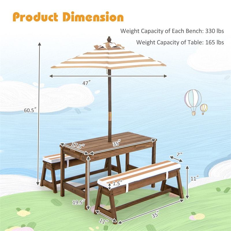 Kids Wooden Picnic Table with Benches, Adjustable Umbrella & Removable Cushion, Outdoor Toddler Furniture Set for Patio Garden Backyard, Ages 3+