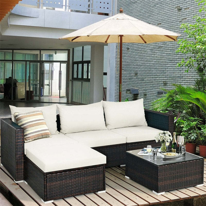 5 Piece Rattan Patio Conversation Set Sectional Sofa with Coffee Table & Cushions