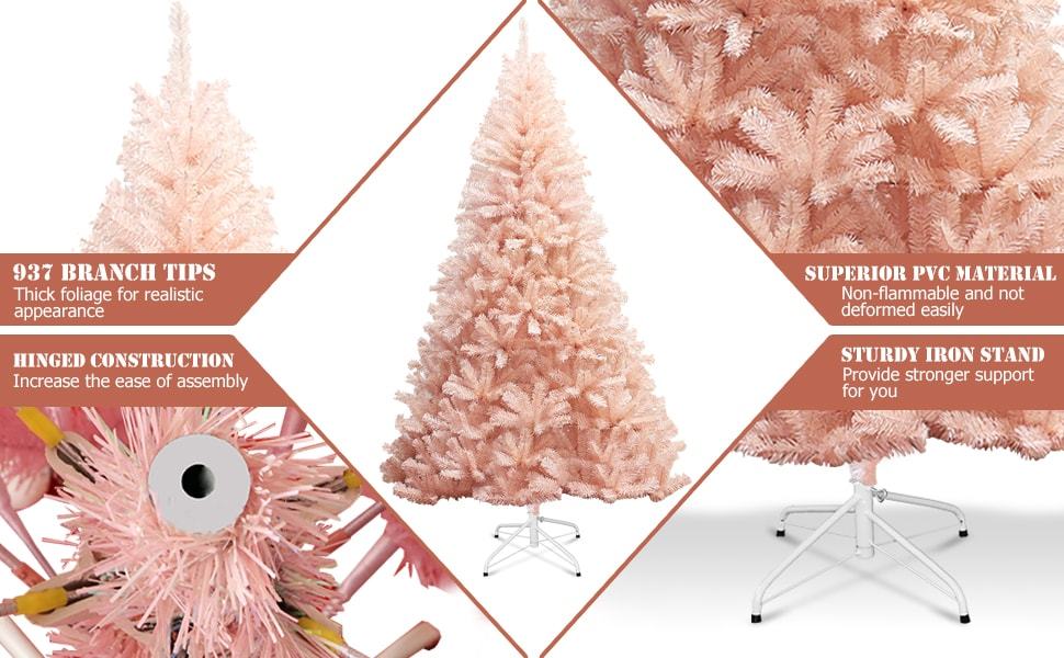 7FT Pink Artificial Christmas Tree Unlit Hinged Spruce Full Xmas Tree with Metal Stand for Indoor & Outdoor Use