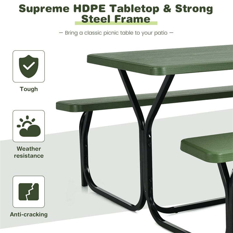 Outdoor Picnic Table Bench Set, All-Weather Metal Frame Camping Table with Built-in Benches & Wood-Like Tabletop for Backyard, Patio, Poolside