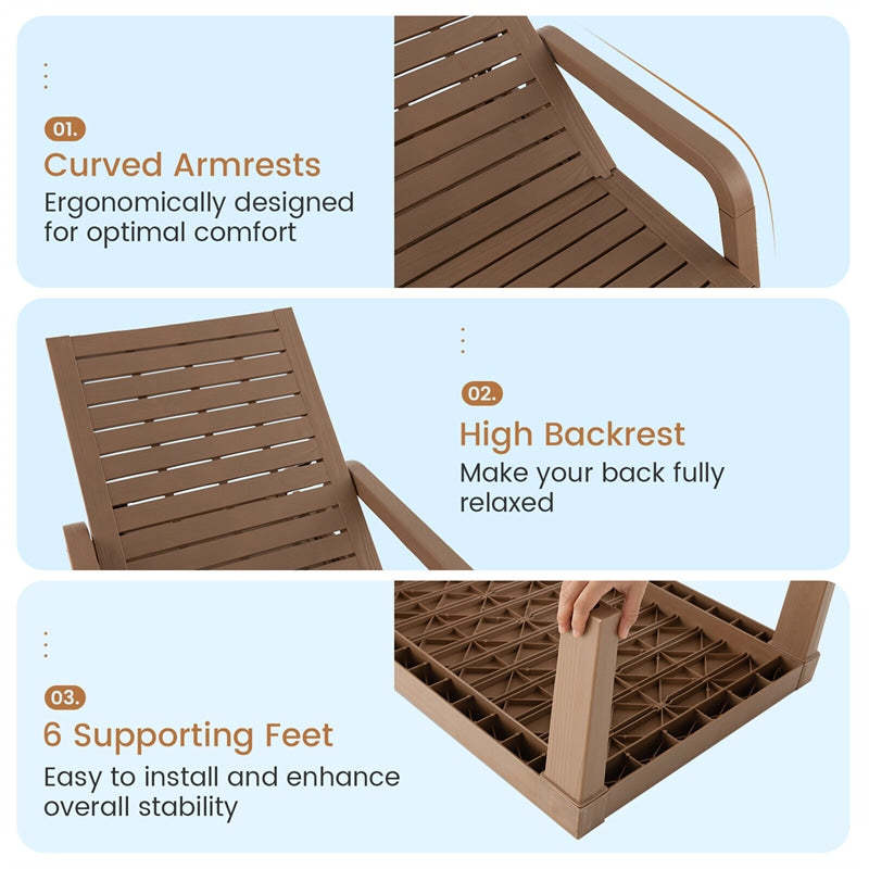 Outdoor Chaise Lounge Chair All Weather PP Patio Recliner Chair 4-Position Adjustable Backrest with Curved Armrests