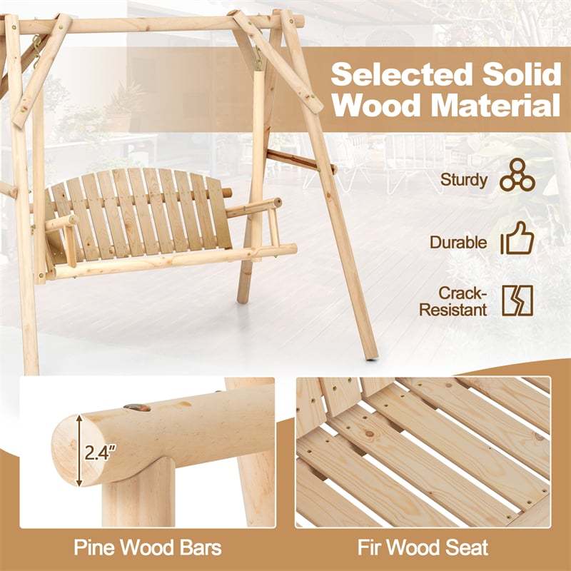 770lbs A-Frame Wooden Patio Swing with Stand, Reinforced Bars & Curved Back, Rustic Torched Log Porch Swing for Garden, Backyard