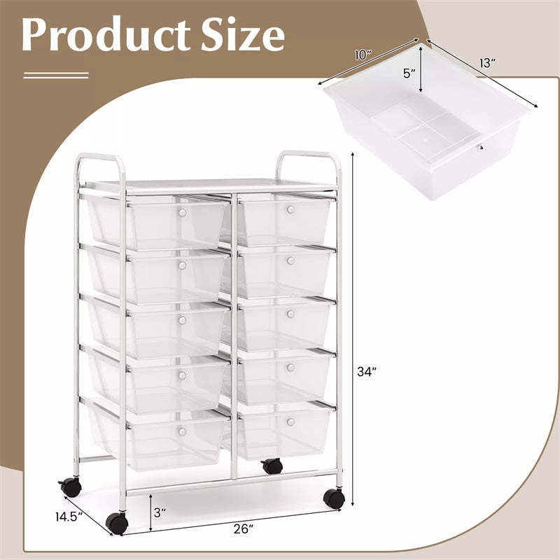 10 Drawer Rolling Cart, Storage Cart Organizer with Wheels, Mobile Utility Cart for Classroom, Office, Home, Craft, Art, Paper, Salon