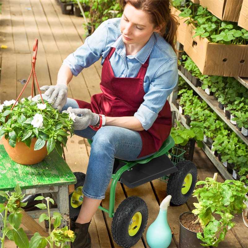 Rolling Garden Cart with 360° Swivel Seat, Tool Basket, Adjustable Height, 300LB Capacity Heavy Duty Gardening Seat for Lawn, Yard Work, Seniors