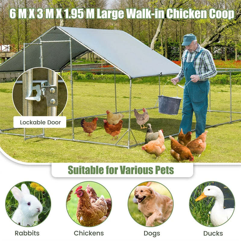 20ft Large Metal Chicken Coop, Galvanized Walk-in Poultry Cage with Weather-Resistant Cover, Rabbit Habitat Hen Run House for Outdoor Farm Use