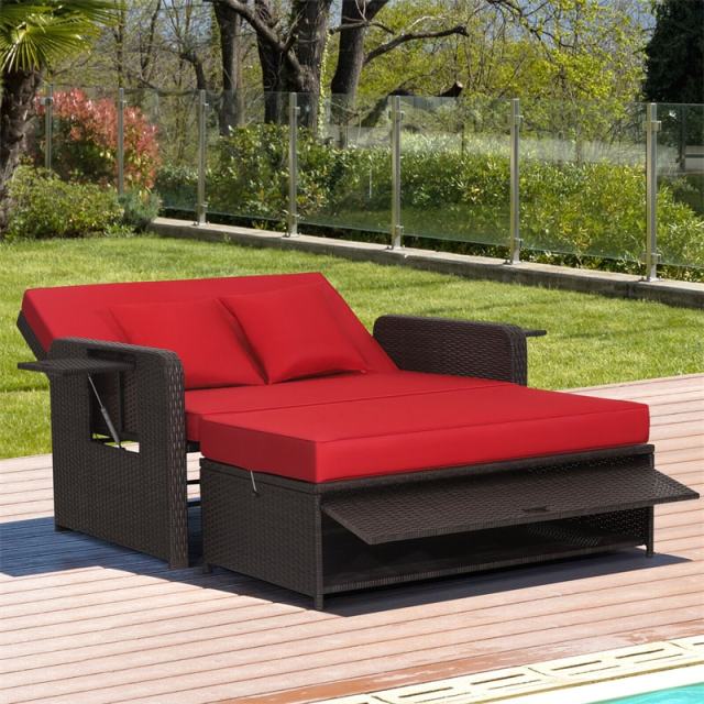 Patio Rattan Daybed Set, Outdoor Wicker Loveseat Sofa w/Multipurpose Ottoman, Retractable Side Tray, 4-Level Adjustable Backrest & Cushions