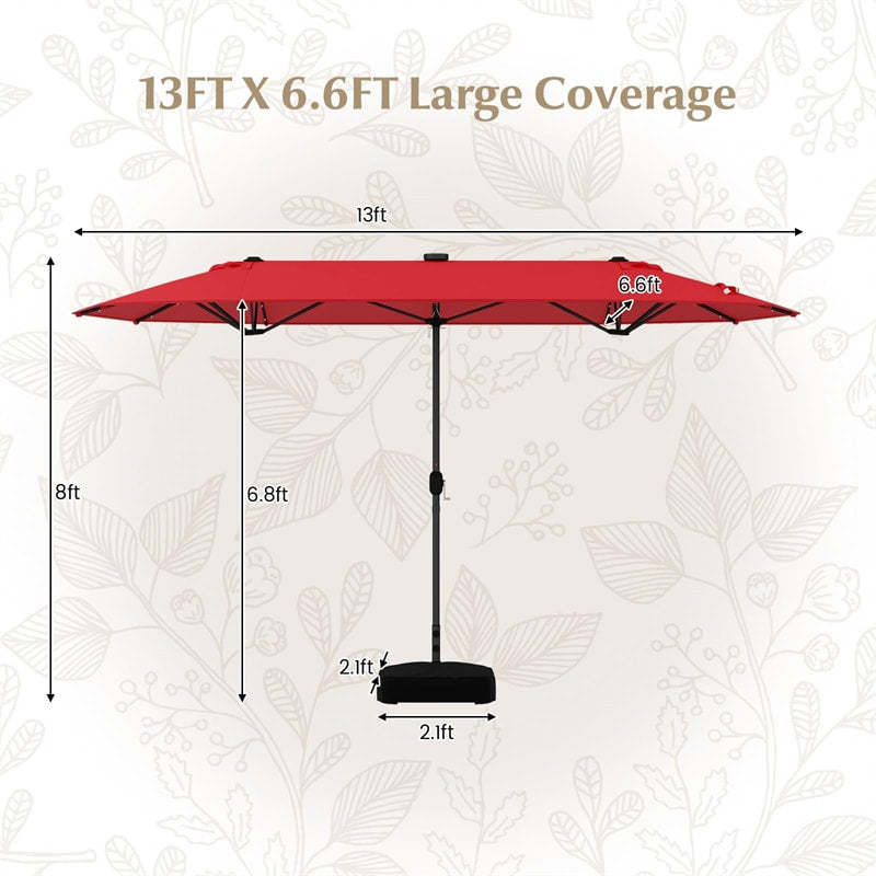 13FT Double-sided Patio Umbrella with Base, 36 Solar LED Lights & Crank Handle, Large Twin Table Umbrella for Poolside, Outdoor Dining