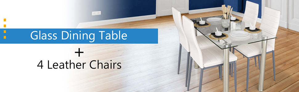 5 Piece Modern Dining Room Set with Tempered Glass Dining Table & 4 PVC Leather Chairs