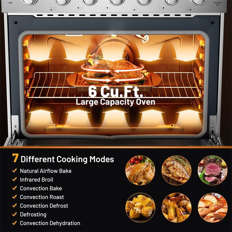 36" Freestanding Natural Gas Range Stainless Steel Dual Fuel Gas Range with 6 Burners Cooktop & 6 Cu.Ft. Convection Oven