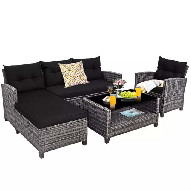 4-Piece Patio Rattan Conversation Set, Wicker Outdoor Sectional Sofa with 2-Tier Coffee Table & Cushions for Poolside, Backyard & Garden