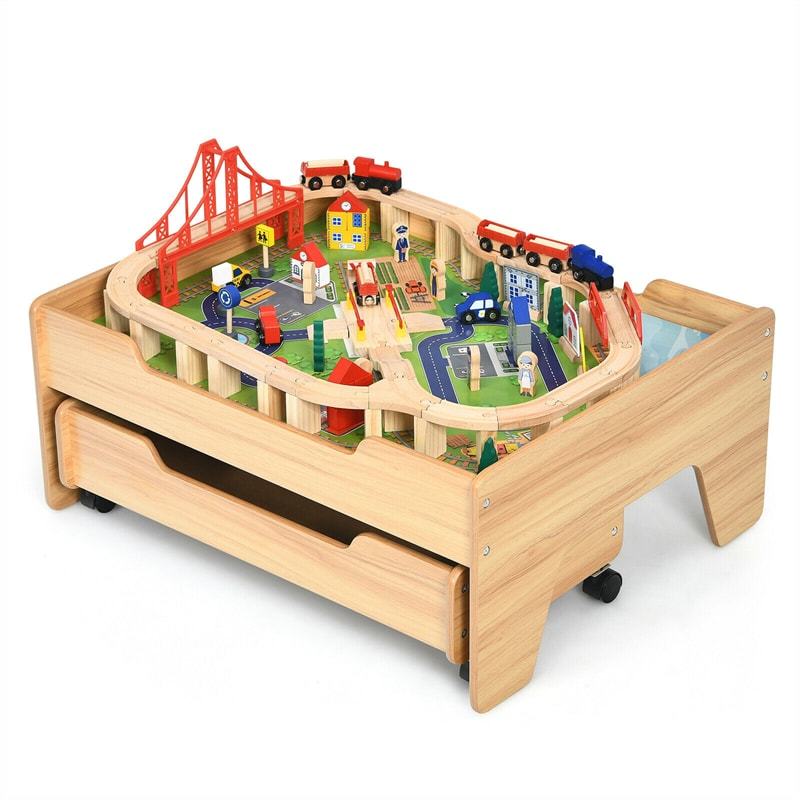KOTEK Train Table, 100-Piece Wooden Toy Activity Playset W