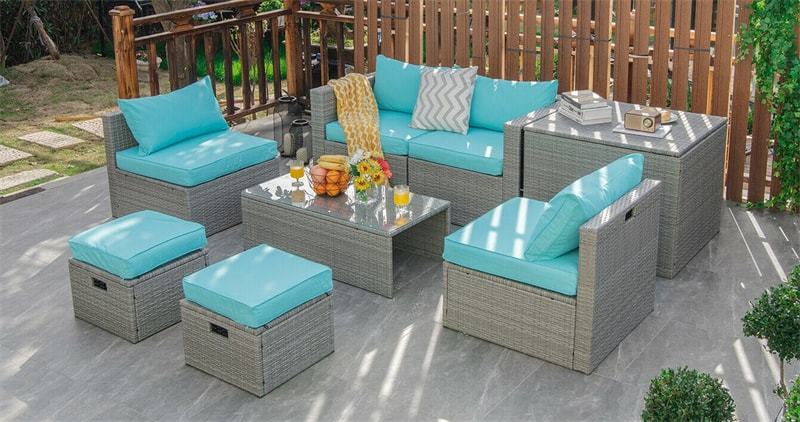 8 Piece Patio Furniture Set, PE Rattan Sectional Sofa Set with Storage Box, Ottomans, Coffee Table, Waterproof Cushions for Poolside/Balcony