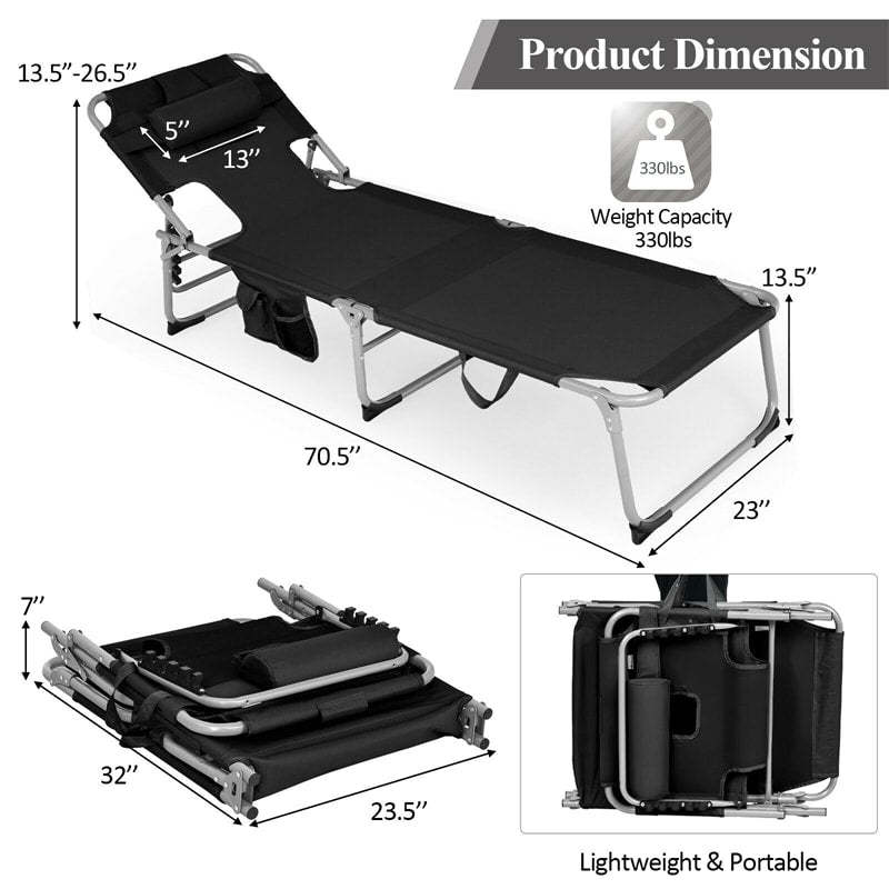 Folding 5-Position Beach Lounge Chair with Pillow for Outdoor
