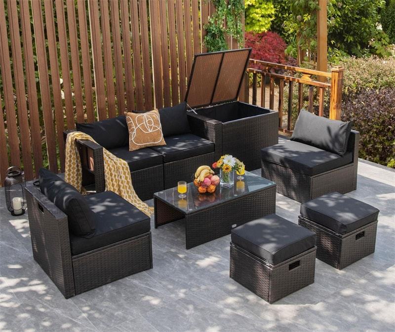 8PCS Patio Furniture Set Outdoor Space Saving PE Rattan Sectional Sofa Wicker Conversation Set w/ Storage Box, Glass Table, Waterproof Cover