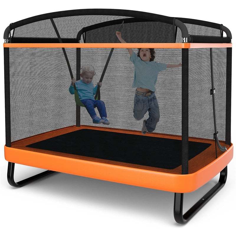 6FT Kids Trampoline with Swing & Safety Enclosure Net, ASTM Approved Indoor Outdoor Rectangle Trampoline for Boys & Girls, 220lbs Capacity