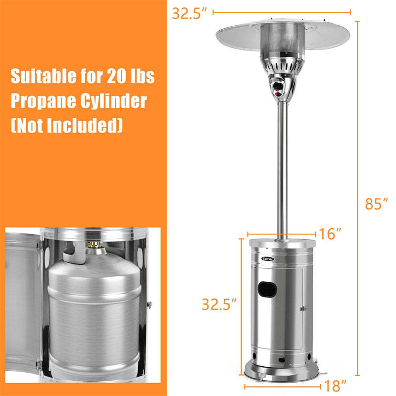 48,000 BTU Propane Patio Heater, Stainless Steel Outdoor Heater with Tip-Over & Flameout Protection, Easy Ignition Standing Heater on Wheels