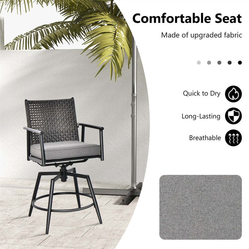 Outdoor 360° Swivel Bar Stools Set of 2 with PE Rattan Back, Removable Cushions, Metal Frame Counter Height Bar Chairs for Patio, Deck, Backyard