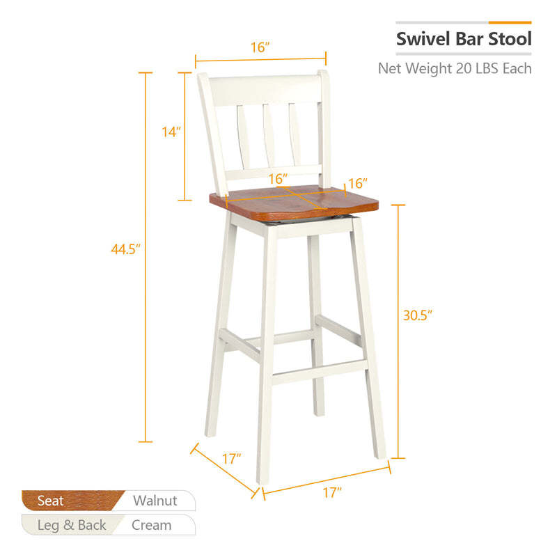 30.5" Swivel Bar Stools Set of 2 Solid Rubber Wood Bar Height Chairs with Footrests for Kitchen Dining Counters Pub