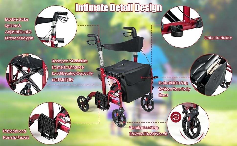 2-in-1 Folding Rollator Walker with Seat for Seniors, Aluminum Medical Walker Transport Chair Combo with 8" Wheels, Adjustable Handle & Backrest