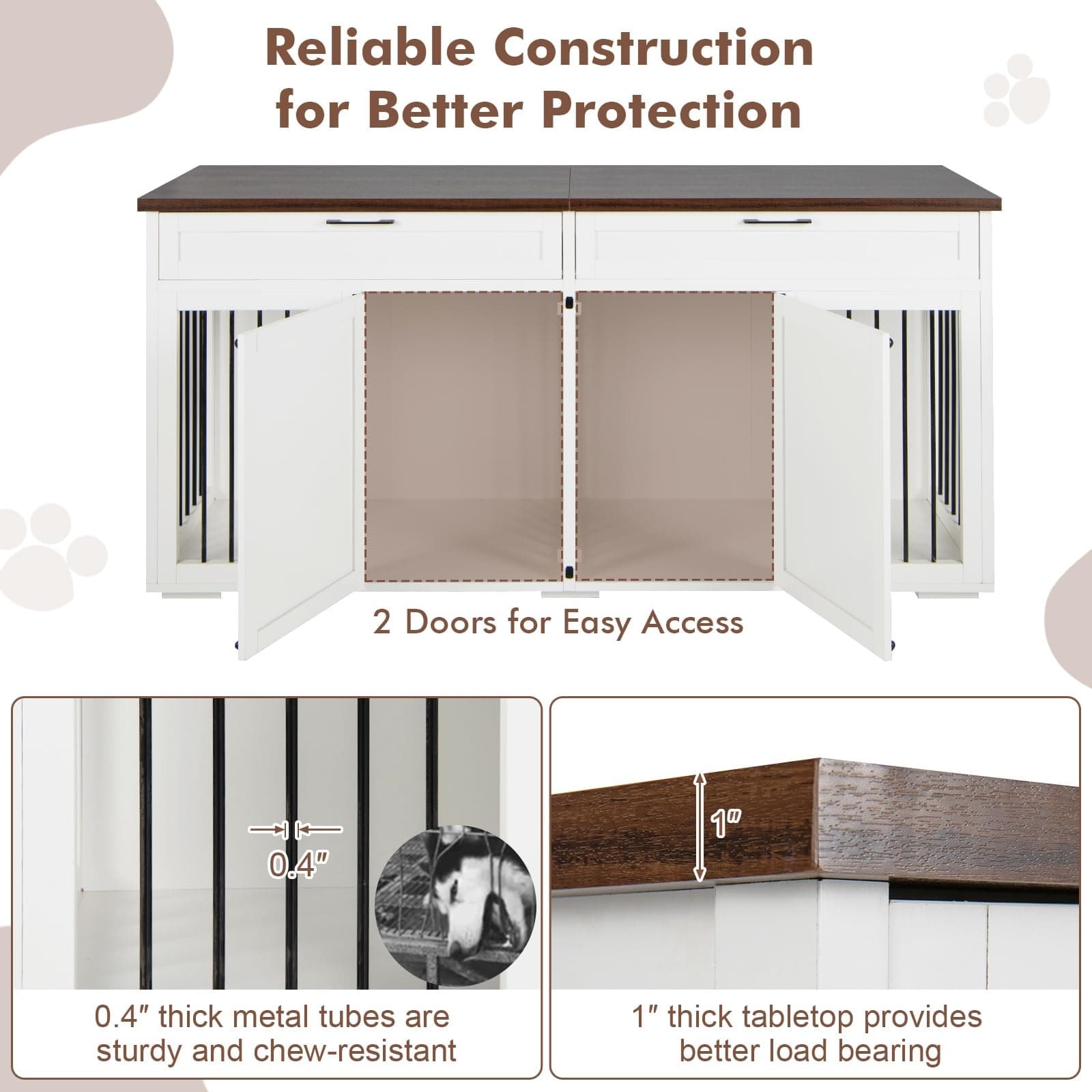 Large Double Dog Crate Furniture 72" Indoor Dog Kennel with Removable Room Divider, 2 Drawers & Doors for Medium Large Dogs