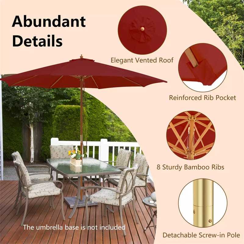 10FT Wooden Patio Umbrella with Rope Pulley Lift, 3 Height Adjustments, 8 Bamboo Ribs, Vented Roof Outdoor Table Umbrella for Poolside, Backyard