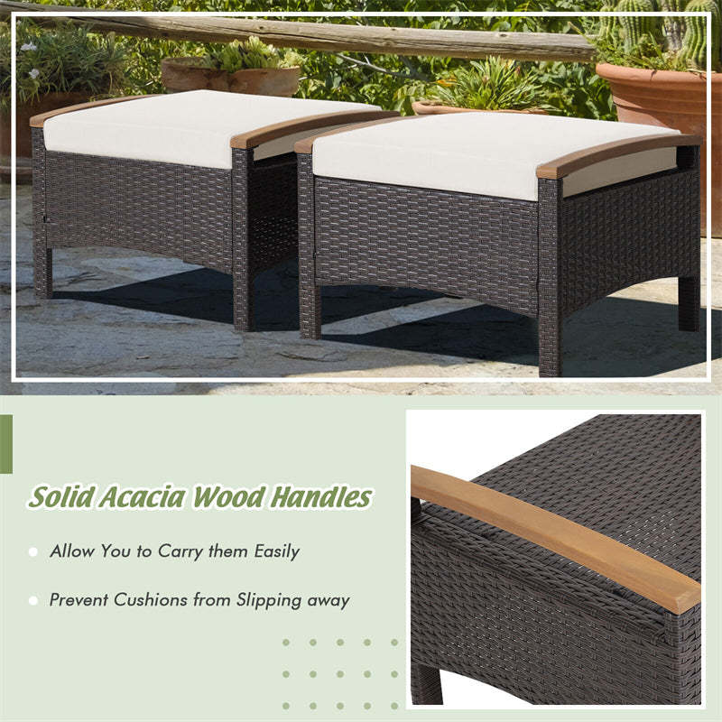 2PCS Patio PE Rattan Ottomans w/ Acacia Wood Handle & Removable Cushion, 3-in-1 Wicker Outdoor Footrest Seat & Side Table for Poolside, Backyard
