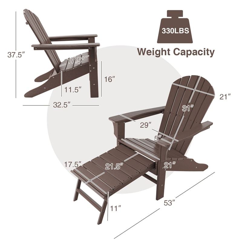 Outdoor HDPE Adirondack Chair, Weather Resistant Fire Pit Chair with Retractable Ottoman & 330 LBS Capacity for Patio, Backyard, Poolside