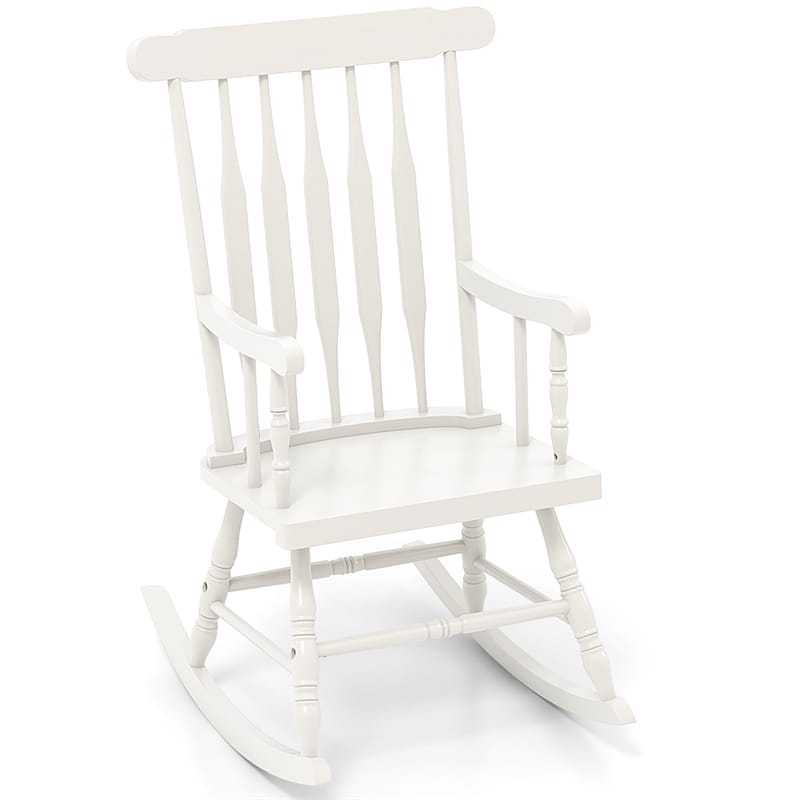 Solid Rubber Wood Patio Rocking Chair, Outdoor Porch Rocker with Slat Back & Glossy Finish for Garden, Backyard, Indoor Use