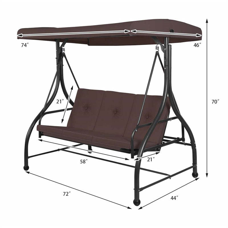 Outdoor Converting Swing Canopy Hammock 3-Seat Porch Swing Glider Chair with  & Adjustable Tilt Canopy, Seat & Back Cushions