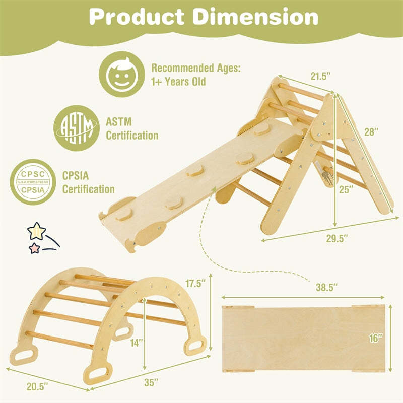 5-in-1 Toddler Climbing Toys, Montessori Wooden Climber Pikler Triangle with Sliding Ramp & Arch Ladder, Kids Play Gym Set for Indoor Fun