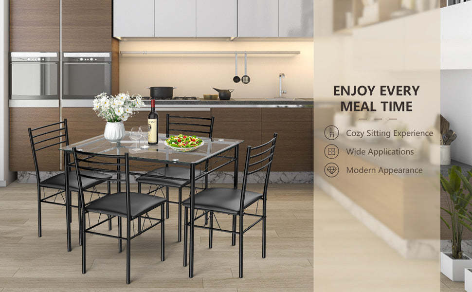 5 Piece Dining Table Set with Glass Top Table & 4 Upholstered Chairs Kitchen Room Furniture