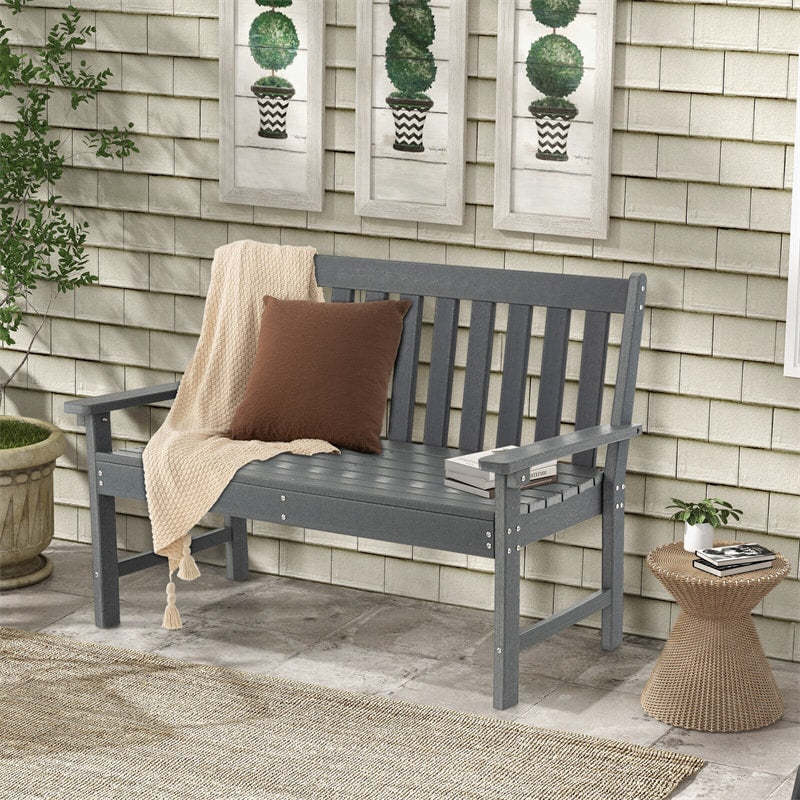 2-Person HDPE Outdoor Garden Bench, 52" All-Weather Patio Bench with Slatted Backrest & Armrests, 705lbs Capacity for Park, Backyard, Porch