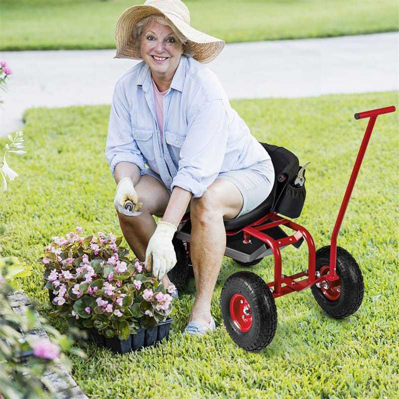 Rolling Garden Cart with 360° Swivel Seat, Tool Tray, Storage Basket, Removable Cushion & Handle, Height Adjustable Gardening Workseat for Patio Lawn