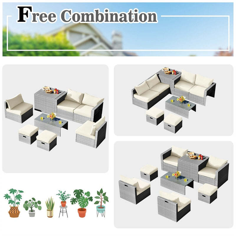 8 Piece Patio Furniture Set, PE Rattan Sectional Sofa Set with Storage Box, Ottomans, Coffee Table, Waterproof Cushions for Poolside/Balcony