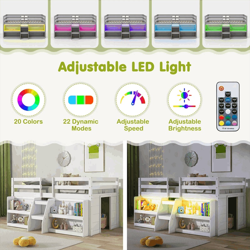 Twin Low Loft Bed for Kids, Wooden Loft Bed with Adjustable LED Lights, Stairs, Safety Guardrail, Storage Bookcase & Under Bed Play Area