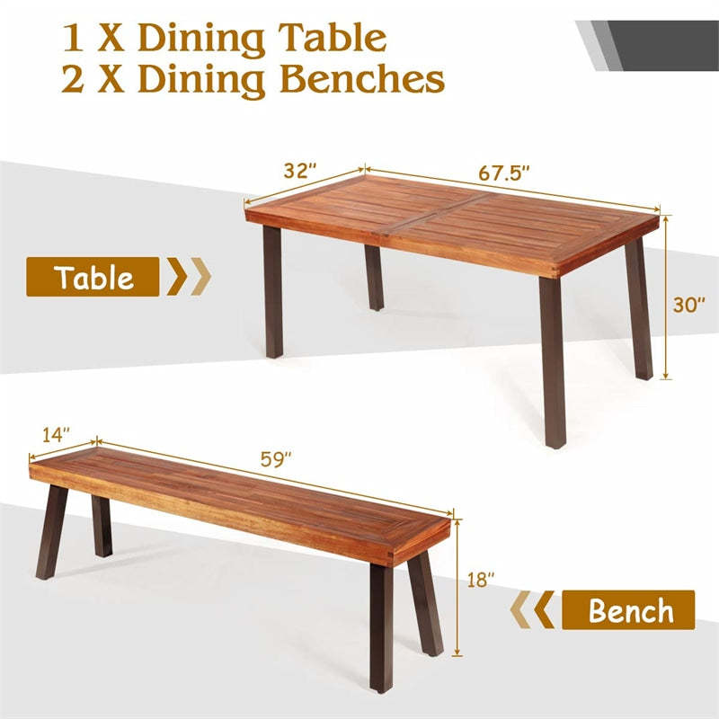 3 Piece Acacia Wood Dining Table Set, Outdoor Picnic Table with 2 Benches, Umbrella Hole & Steel Legs for Patio, Garden Backyard & Indoor Use