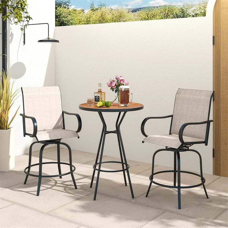 Outdoor Swivel Bar Stools Set of 2, All-Weather Steel Frame Bar Height Patio Chairs with Curved Armrests, High Back & Cozy Footrest