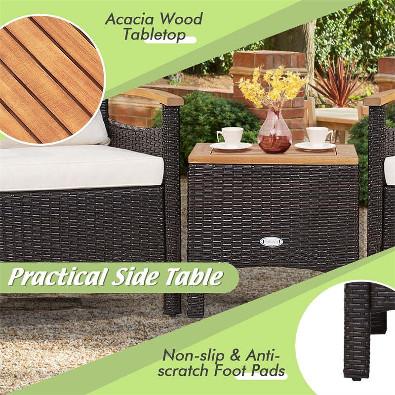 3PCS Patio Rattan Conversation Set Wicker Furniture Set with Cushioned Chairs, Acacia Wood Armrest & Table Top