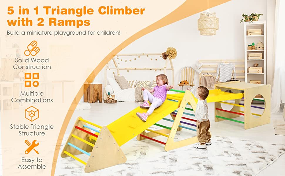 5-in-1 Kids Pikler Triangle Climber Cube Playing Set Toddler Climbing Toys with 2 Sliding Ramps