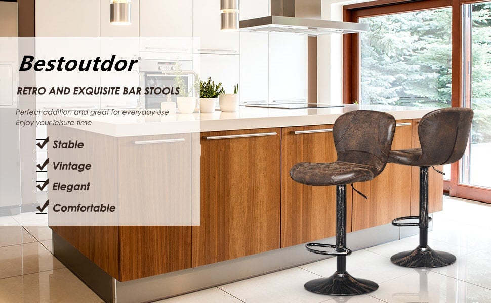 Set of 2 Adjustable Height Swivel Hot-stamping Bar Stools with Backrest Footrest