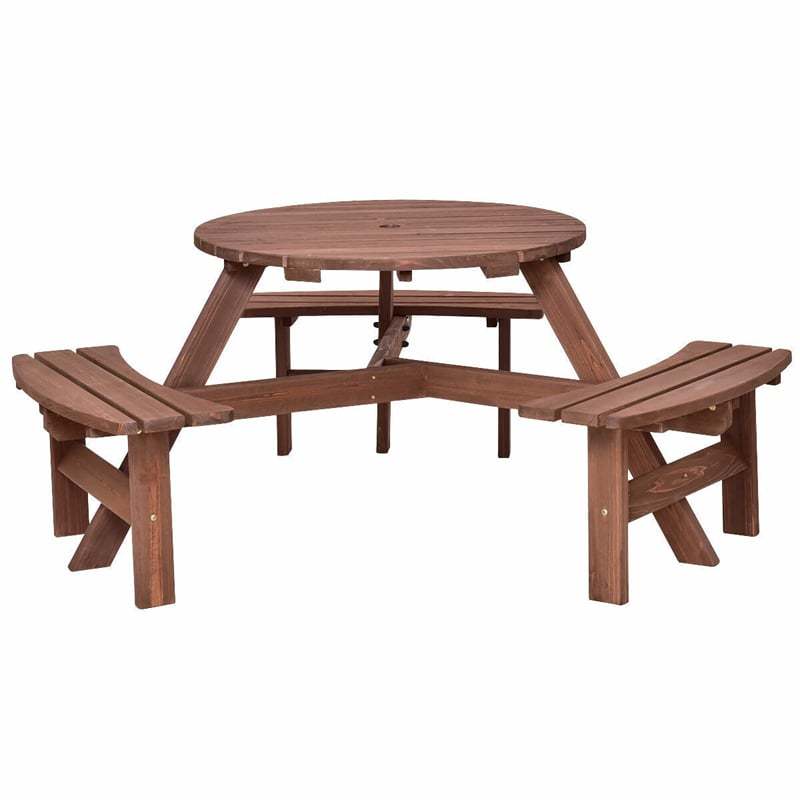 6 Person Wood Picnic Table, Outdoor Round Dining Table with 3 Built-in Benches & Umbrella Hole, 500lbs Capacity, Bench Patio Dining Set for Garden