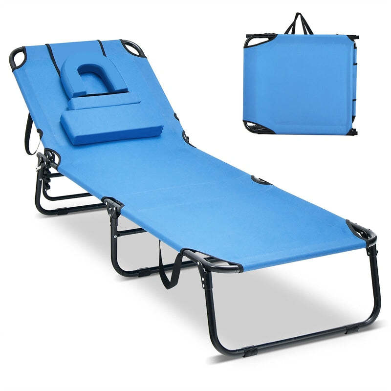 Folding Beach Chaise Lounge Chair, 5-Position Adjustable Sunbathing Recliner with Face Hole, Removable Pillows, Carry Strap, 350LB Support