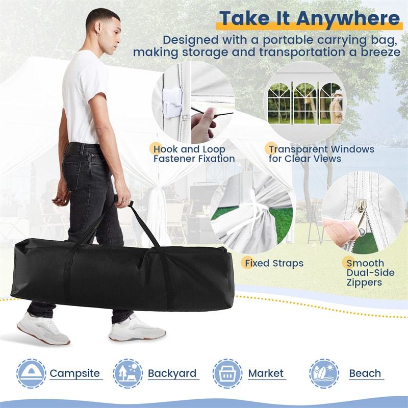 10 x 20 FT Pop Up Canopy Easy Setup Instant Canopy Tent Portable Outdoor Wedding Party Canopy Tent with 6 Sidewalls 2 Zippered Door & Carrying Bag