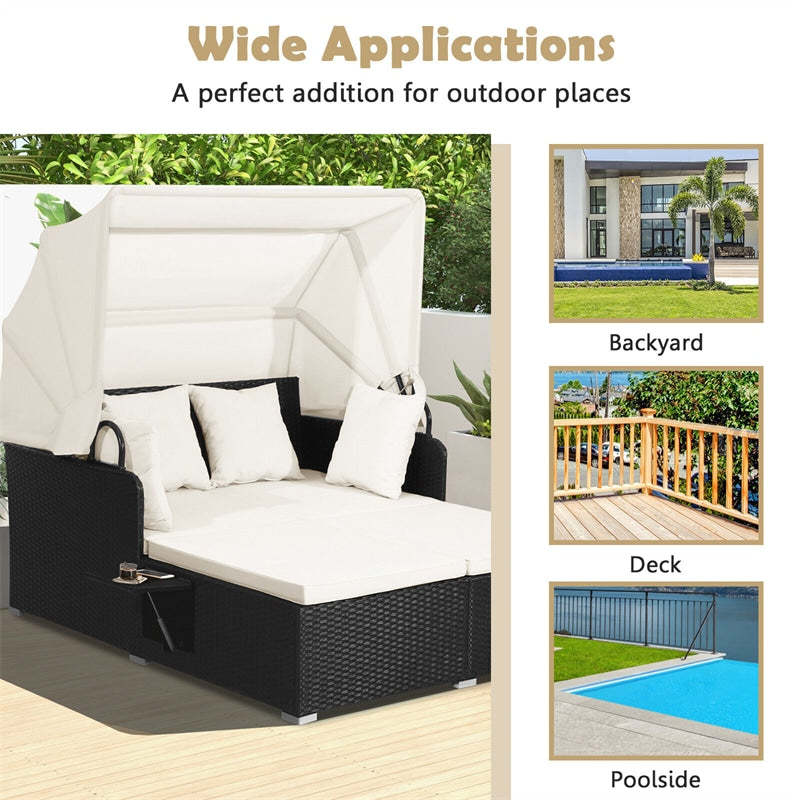 Patio Rattan Daybed Outdoor Wicker Daybed Lounger with Retractable Top Canopy 2 Foldable Side Panels 6 Seat & Back Cushions