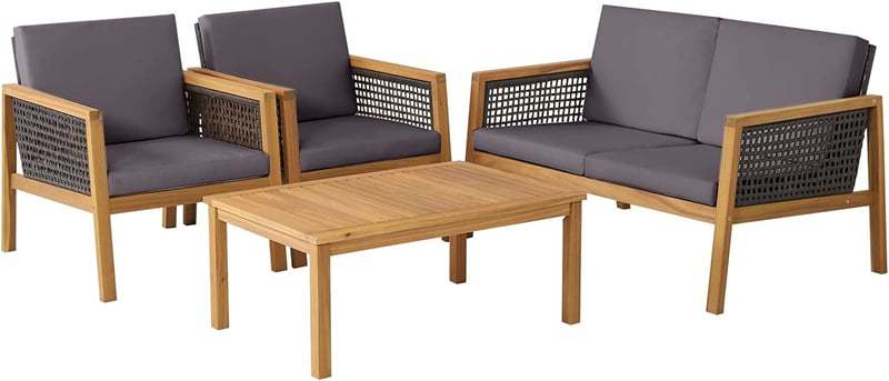 4 Piece Patio Rattan Conversation Set with Acacia Wood Table & Soft Cushions