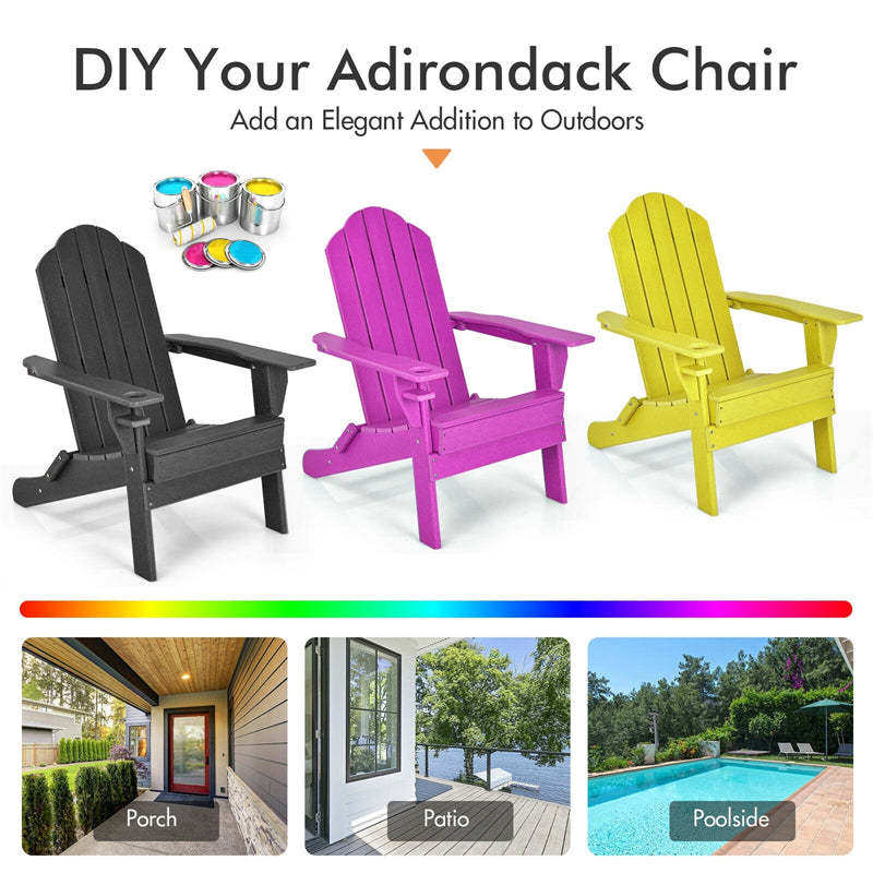 HDPE Folding Adirondack Chair, Outdoor Fire Pit Chair with Cup Holder, Weather Resistant Patio Lounge Chair for Backyard, Garden, Poolside