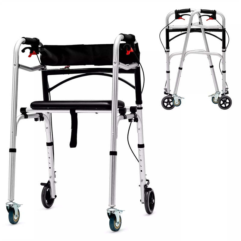 4-in-1 Folding Rollator Walker for Seniors with Seat, Wheels & Brakes, Height Adjustable Stand-Up Walker 350lbs Medical Walking Mobility Aid for Adult