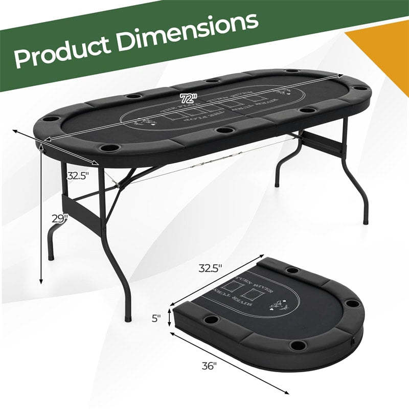 72" Foldable Poker Table, 8-Player Texas Holdem Card Table with Cup Holders, Casino Grade Felt, Portable Oval Blackjack Table for Home Game Room