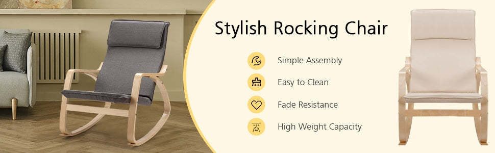 Modern Bentwood Rocking Chair Relax Rocker Lounge Chair with Removable Upholstered Cushion